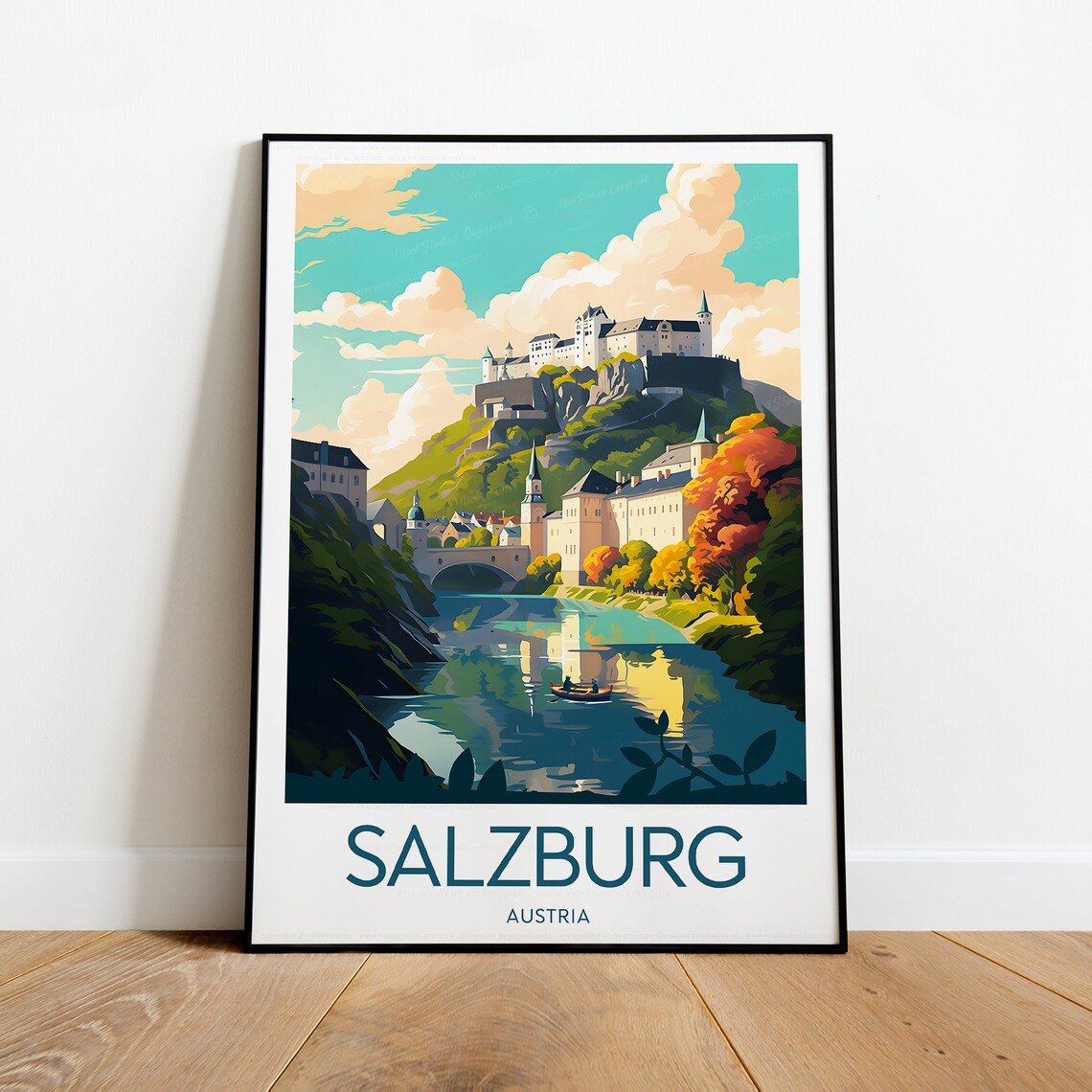 Salzburg Austria Fortress River Old Town Autumn Travel Poster