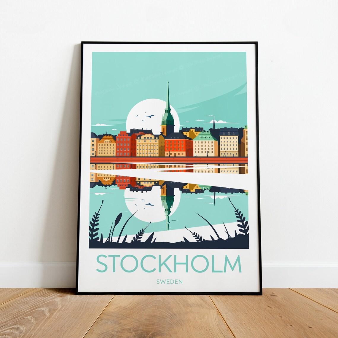 Stockholm Old Town Waterfront Reflection Sweden Travel Poster