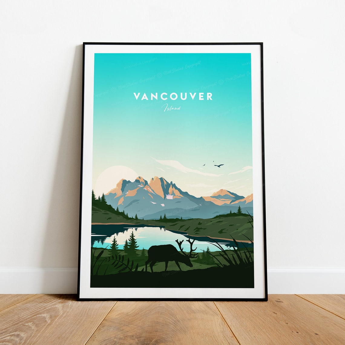 Vancouver Island Mountain Lake with Elk Silhouette Travel Poster