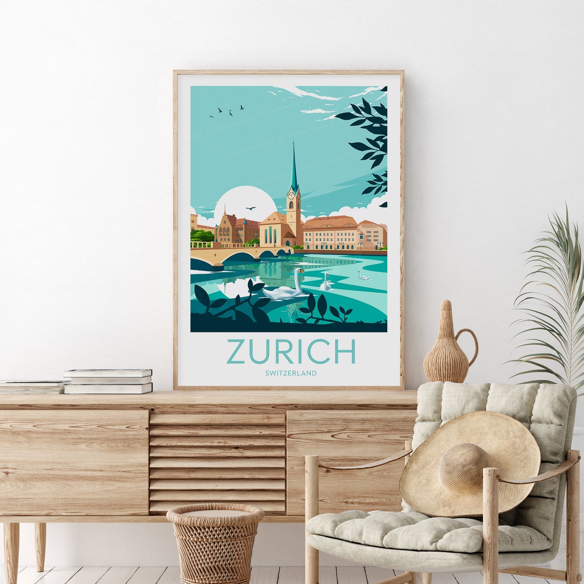 Zurich Switzerland Swans on Glassy River Old Town Travel Poster