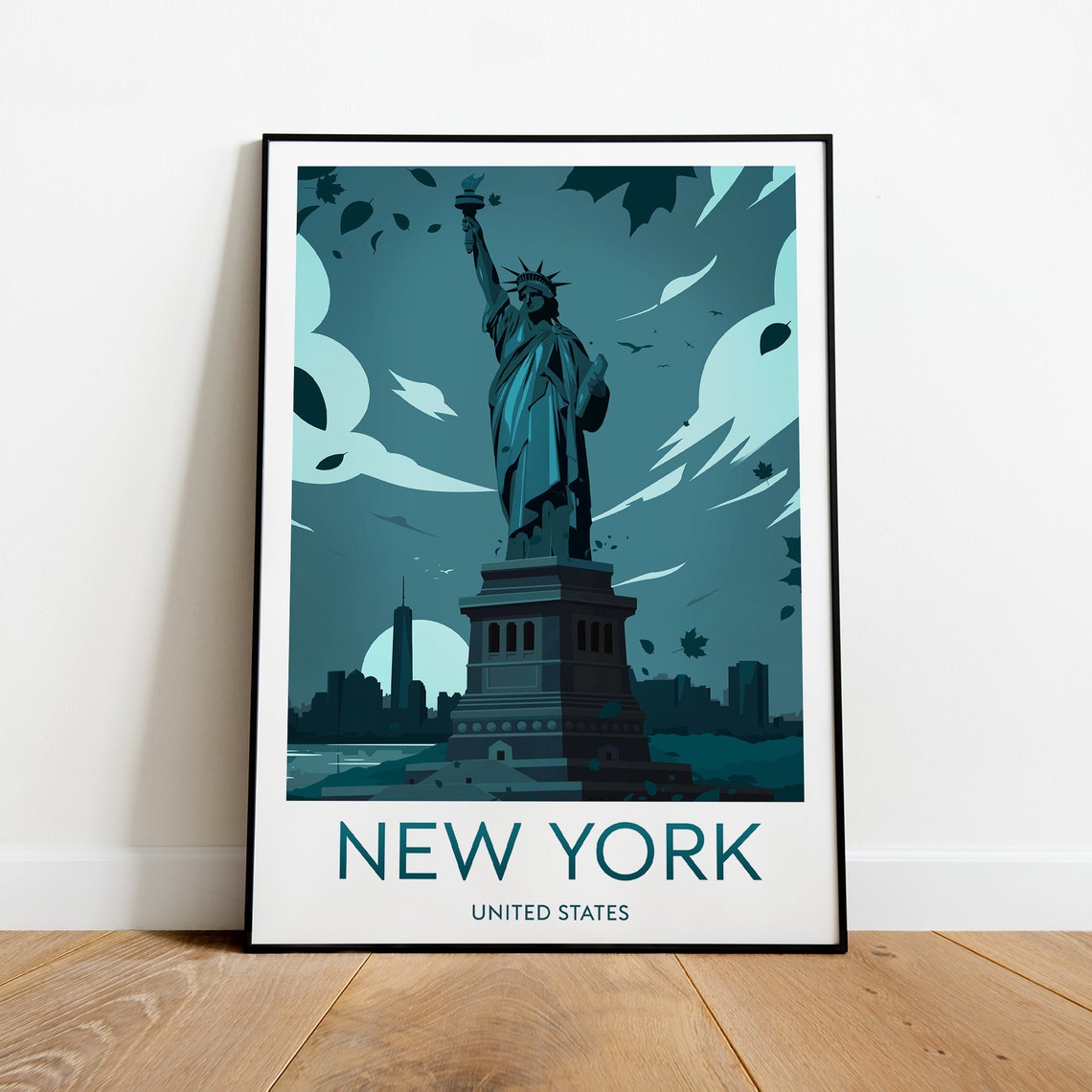 New York Statue of Liberty at Night Manhattan Skyline Poster