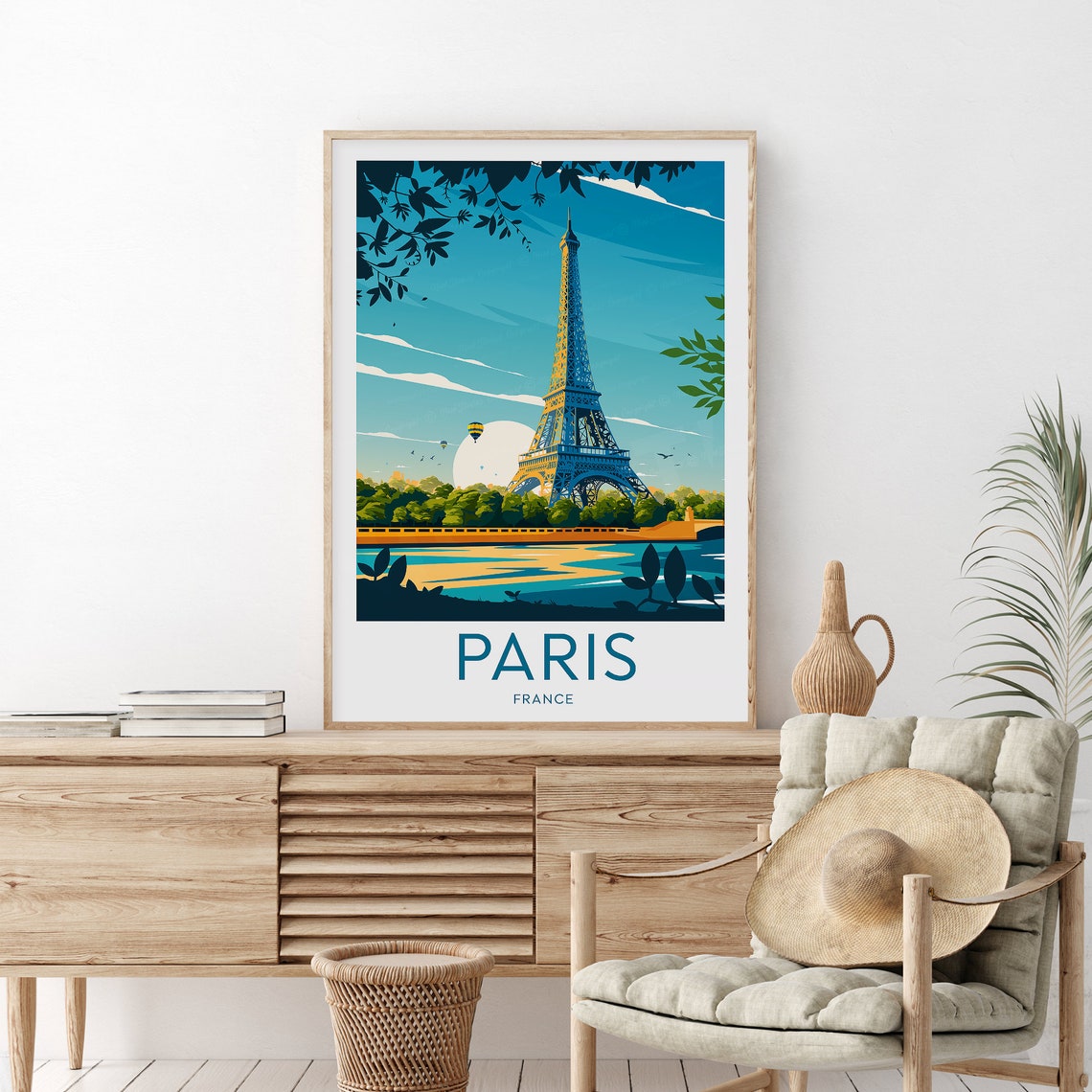 Paris France Eiffel Tower Seine River Sunset Travel Art Poster