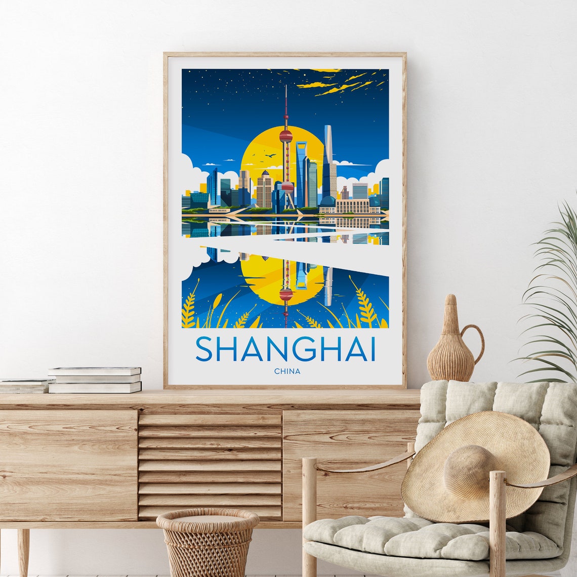 Shanghai China Golden Sunrise Skyline Reflected in River Poster - Image 2
