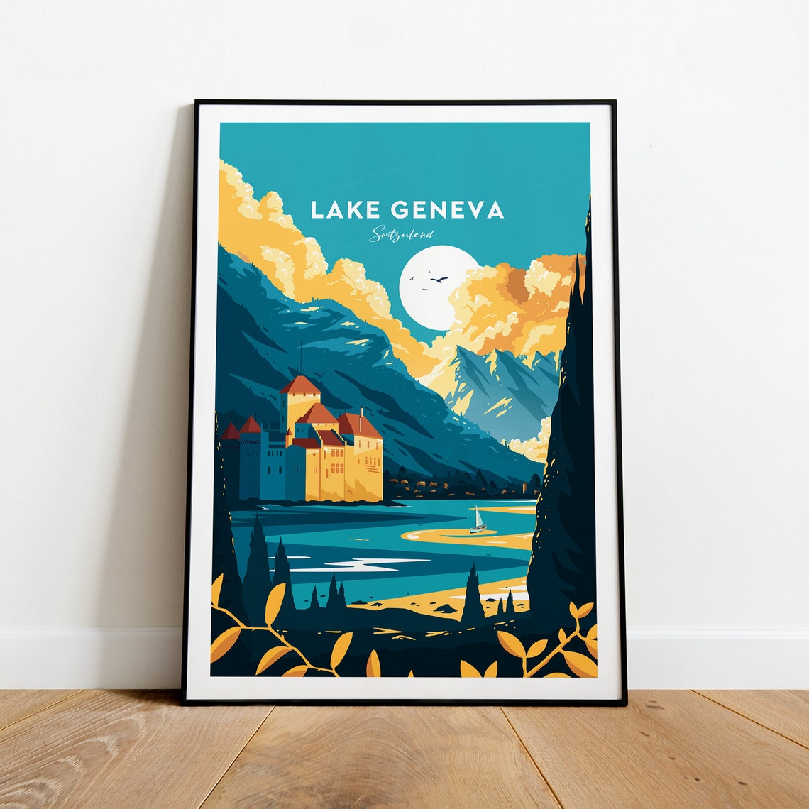 Lake Geneva Switzerland Castle on Alpine Lakeshore Scene Poster