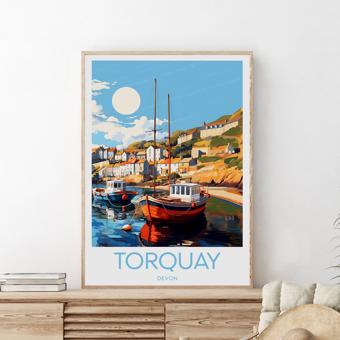 Torquay Devon Fishing Harbor Colorful Boats Seaside Travel Poster