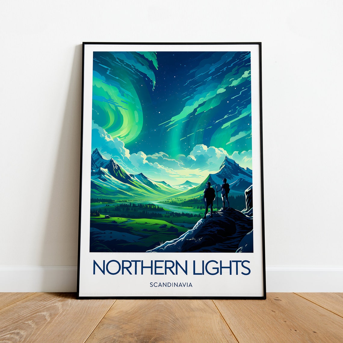 Northern Lights Scandinavia Aurora Over Snowy Mountains Travel Poster - Image 2