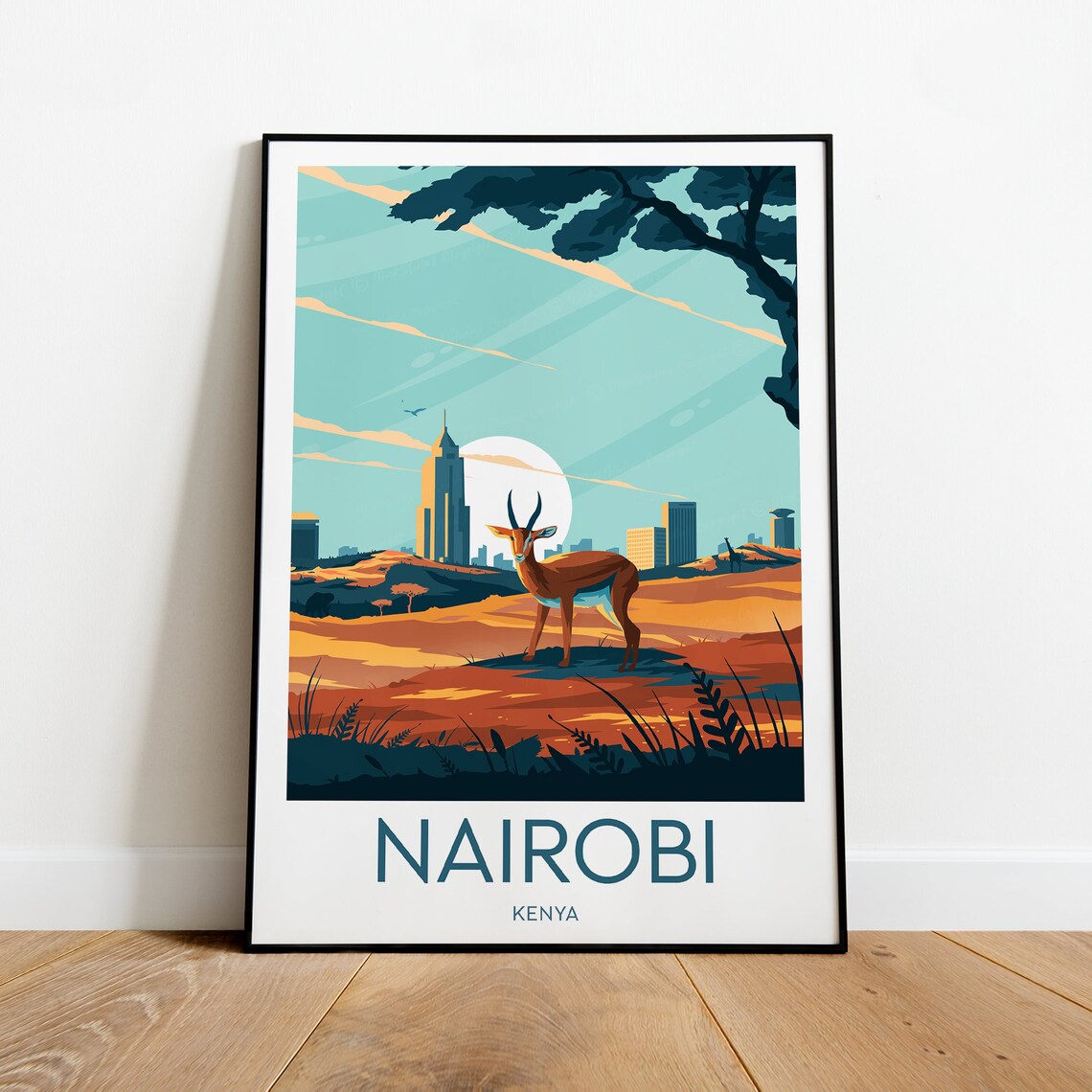Nairobi Kenya Antelope Before the City Skyline Travel Poster