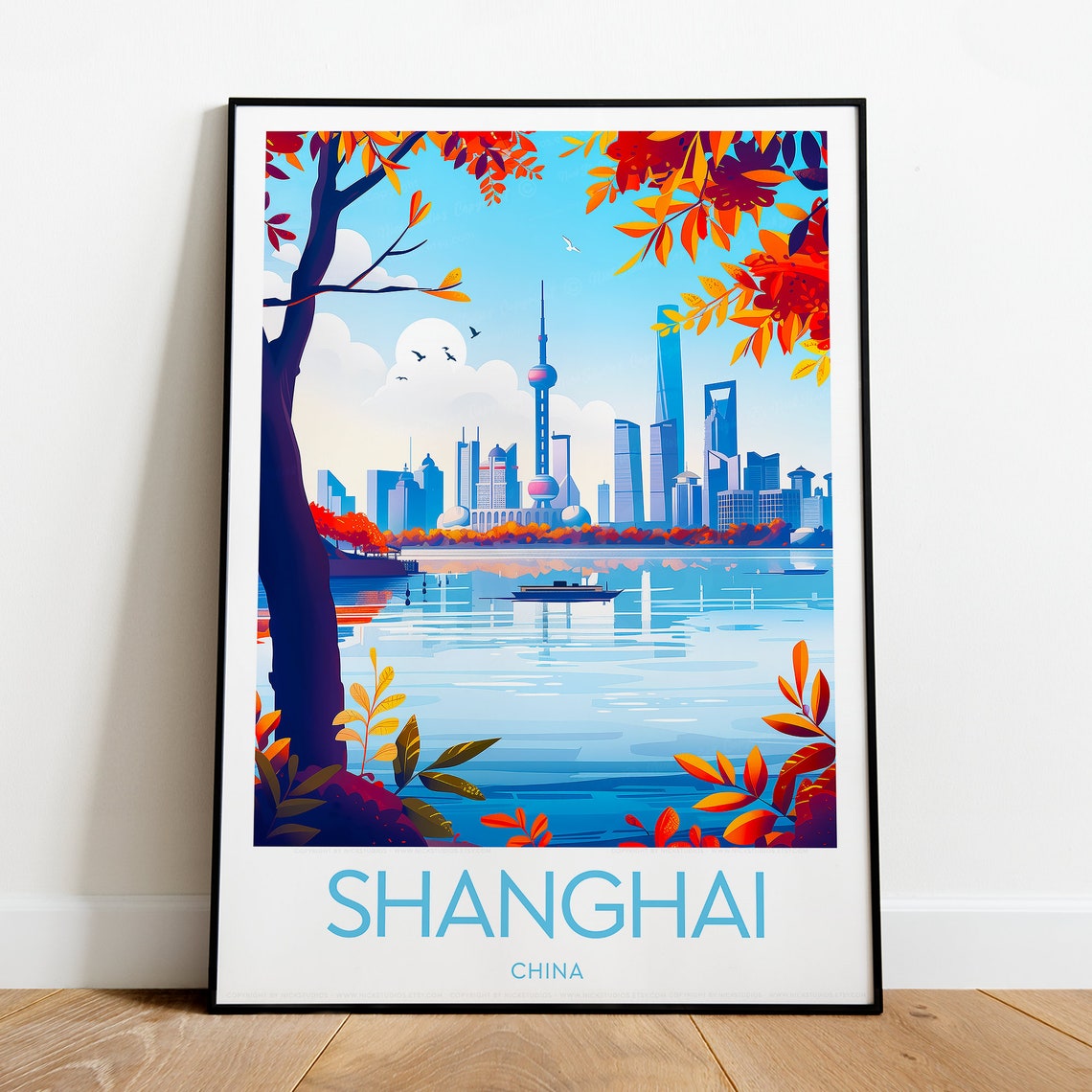 Shanghai China Pudong Skyline Waterfront Bold Graphic Travel Poster