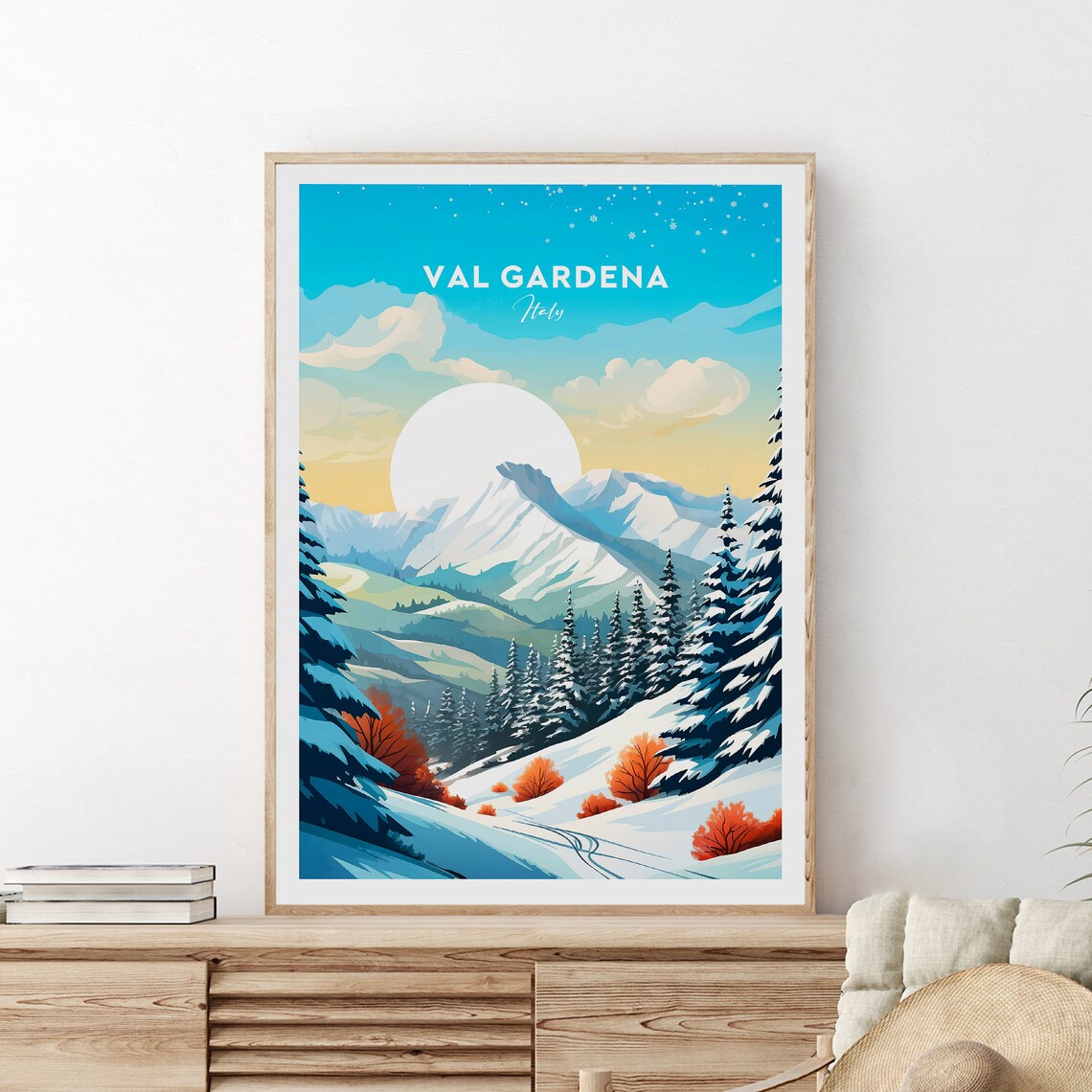 Val Gardena Italy Dolomites Snow Peaks Rising Moon Travel Poster - Image 2