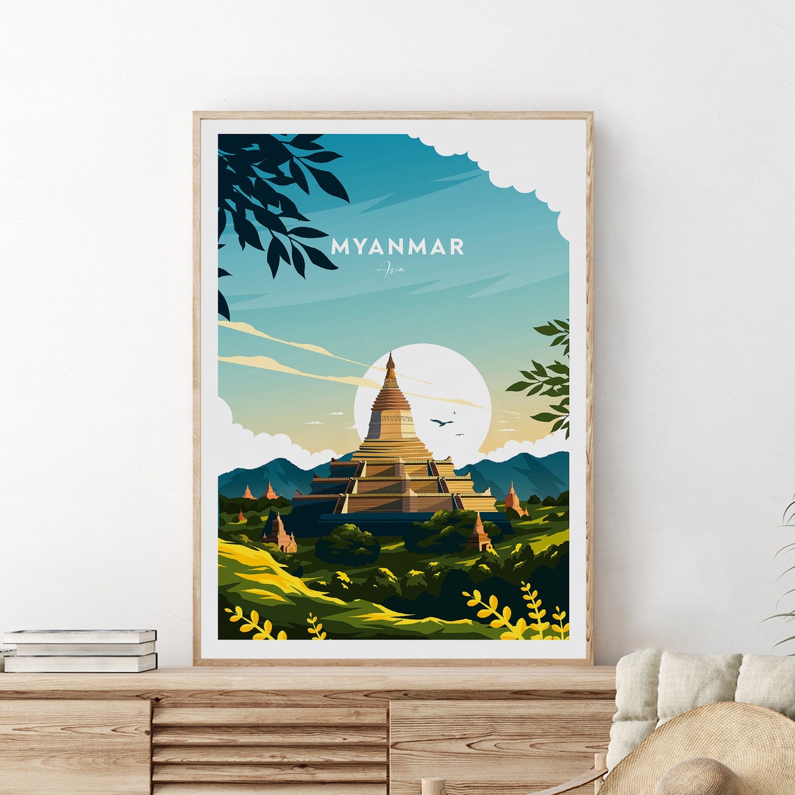 Myanmar Bagan Golden Temple Stupa and Sunset Silhouettes Poster