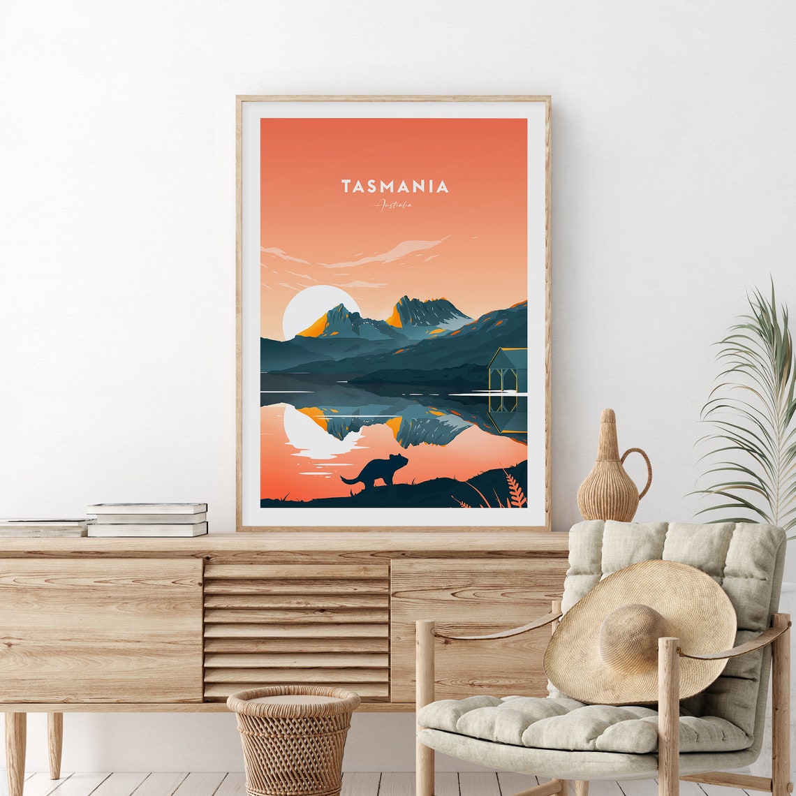 Tasmania Australia Sunset Mountain Lake Devil Silhouette Poster
