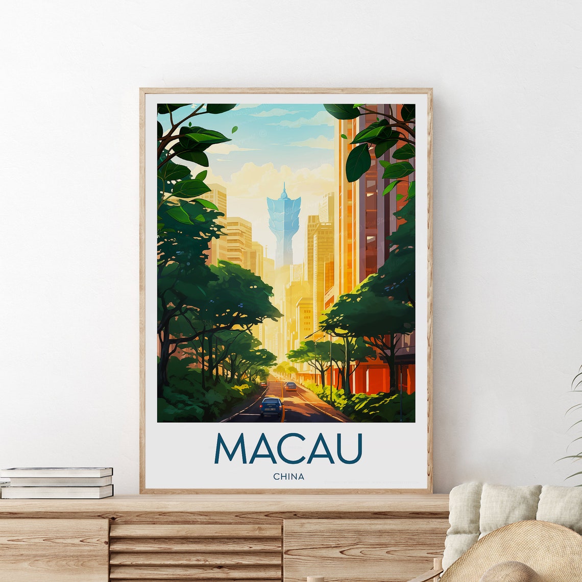 Macau China Tree Lined Avenue to the Iconic Macau Tower Poster