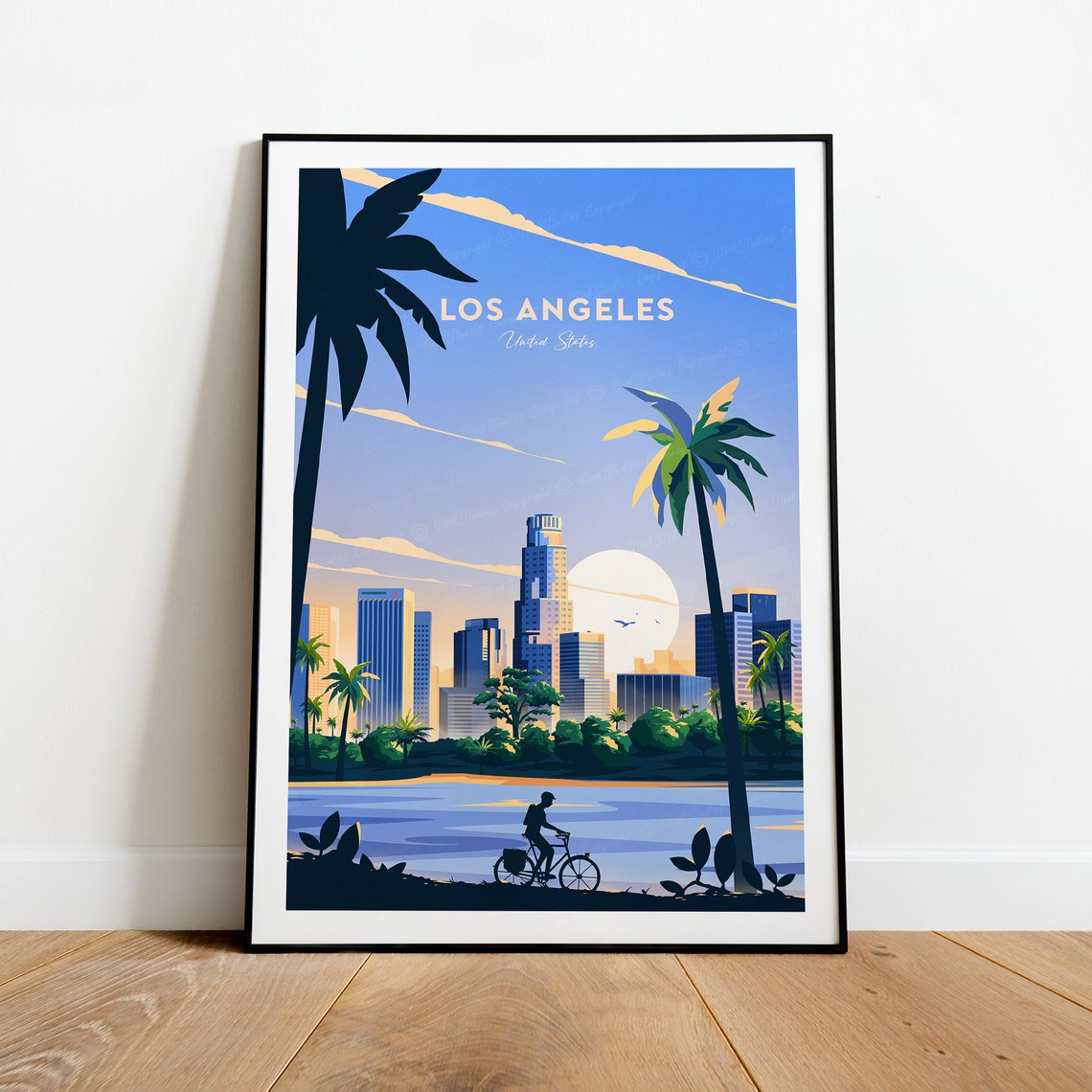Los Angeles California Downtown Skyline Palms Sunset Scene Poster - Image 2