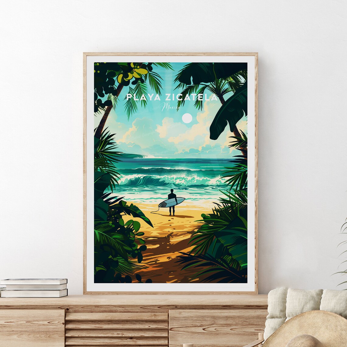 Playa Zicatela Mexico Surfer Beach Palm Fringed Travel Art Poster - Image 2