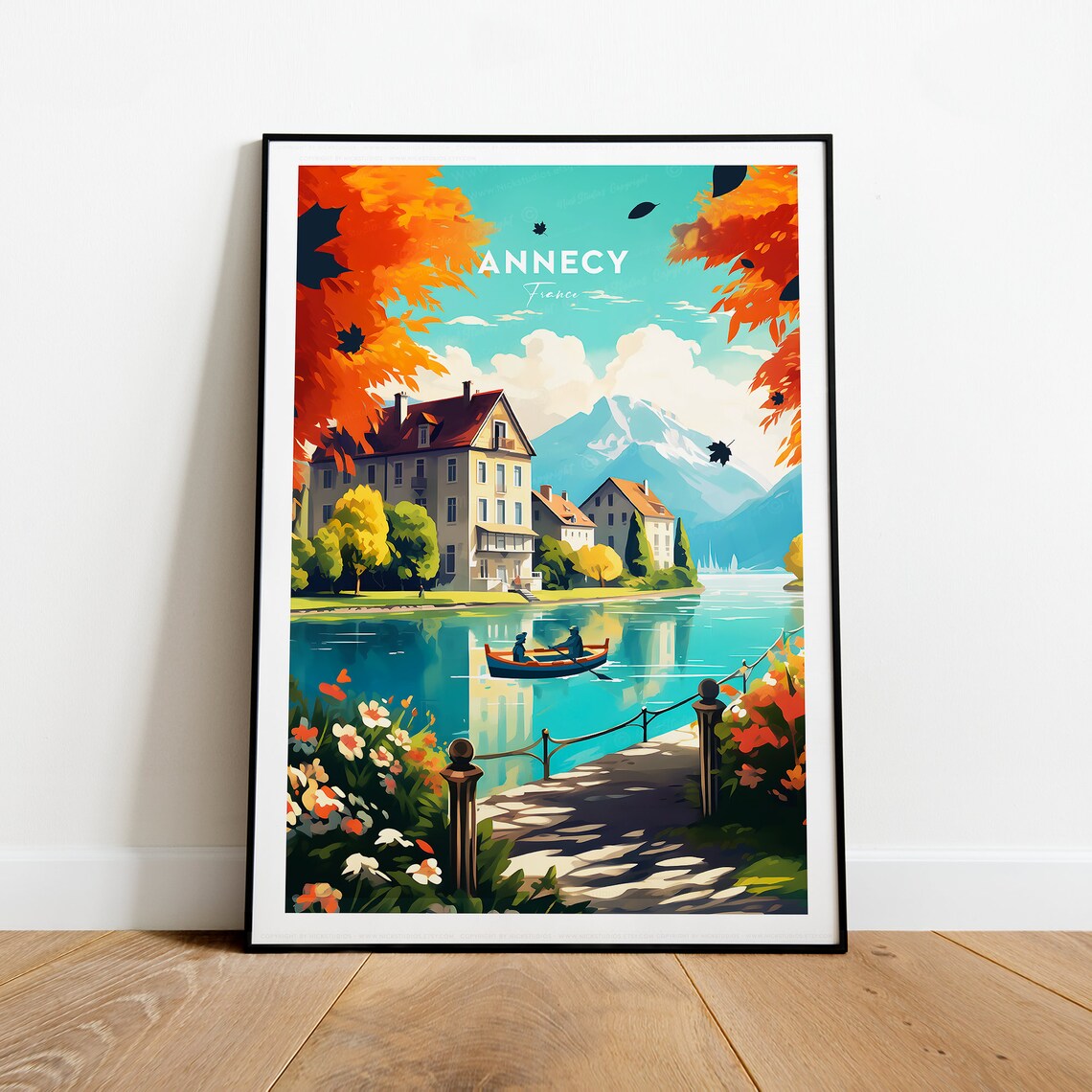 Annecy France Autumn Lake Rowboat Alpine Mountain View Poster - Image 2