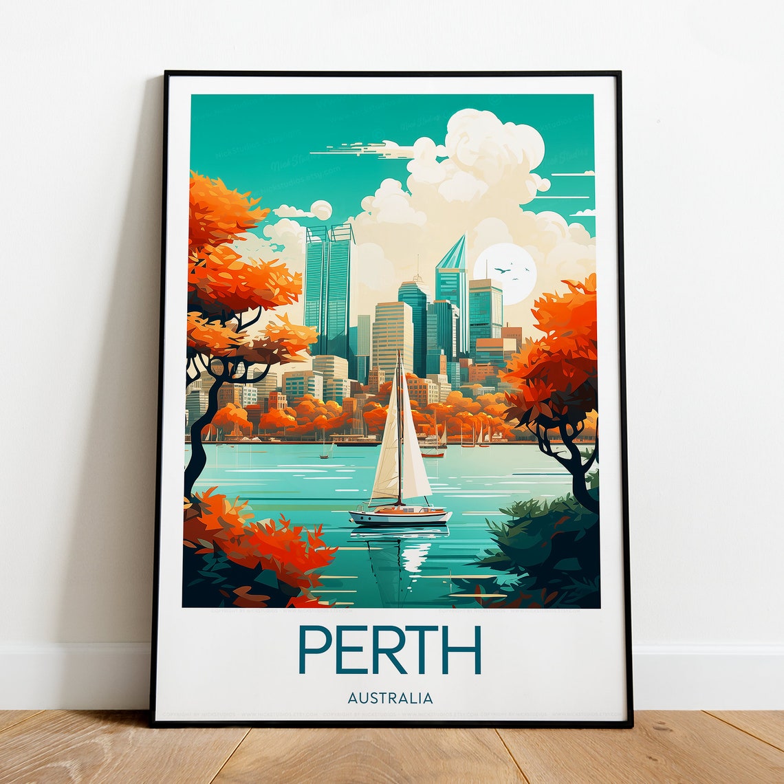 Perth Australia City Skyline Autumn Trees Swan River Sailboat Poster