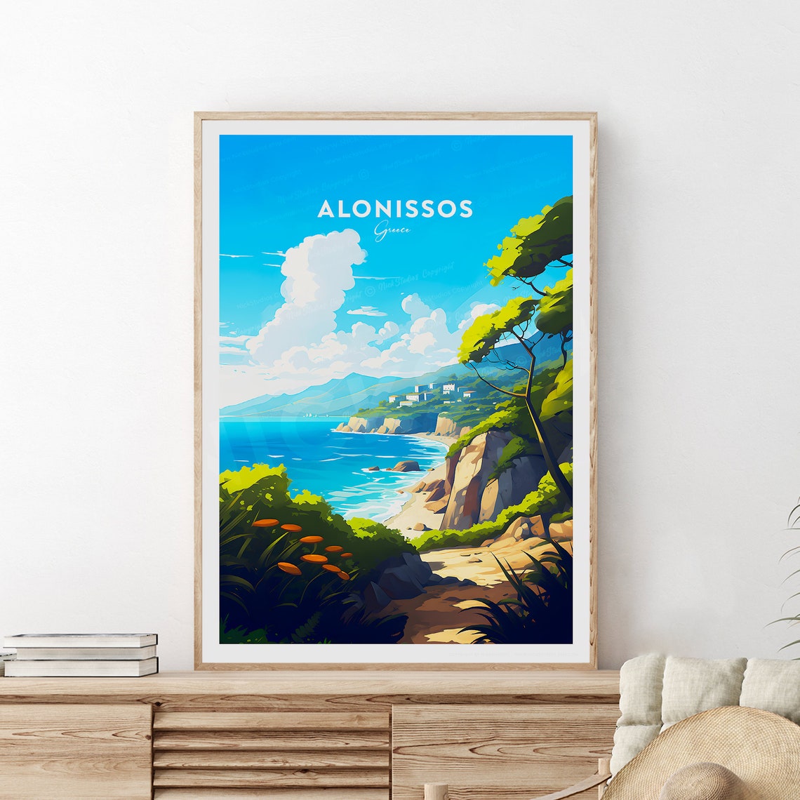 Alonissos Greece Cliffside Cove In-Image Caption Travel Poster - Image 2