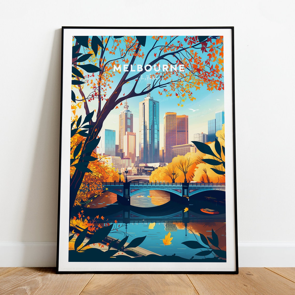 Melbourne Australia City Bridge Autumn Leaves River Travel Poster - Image 2