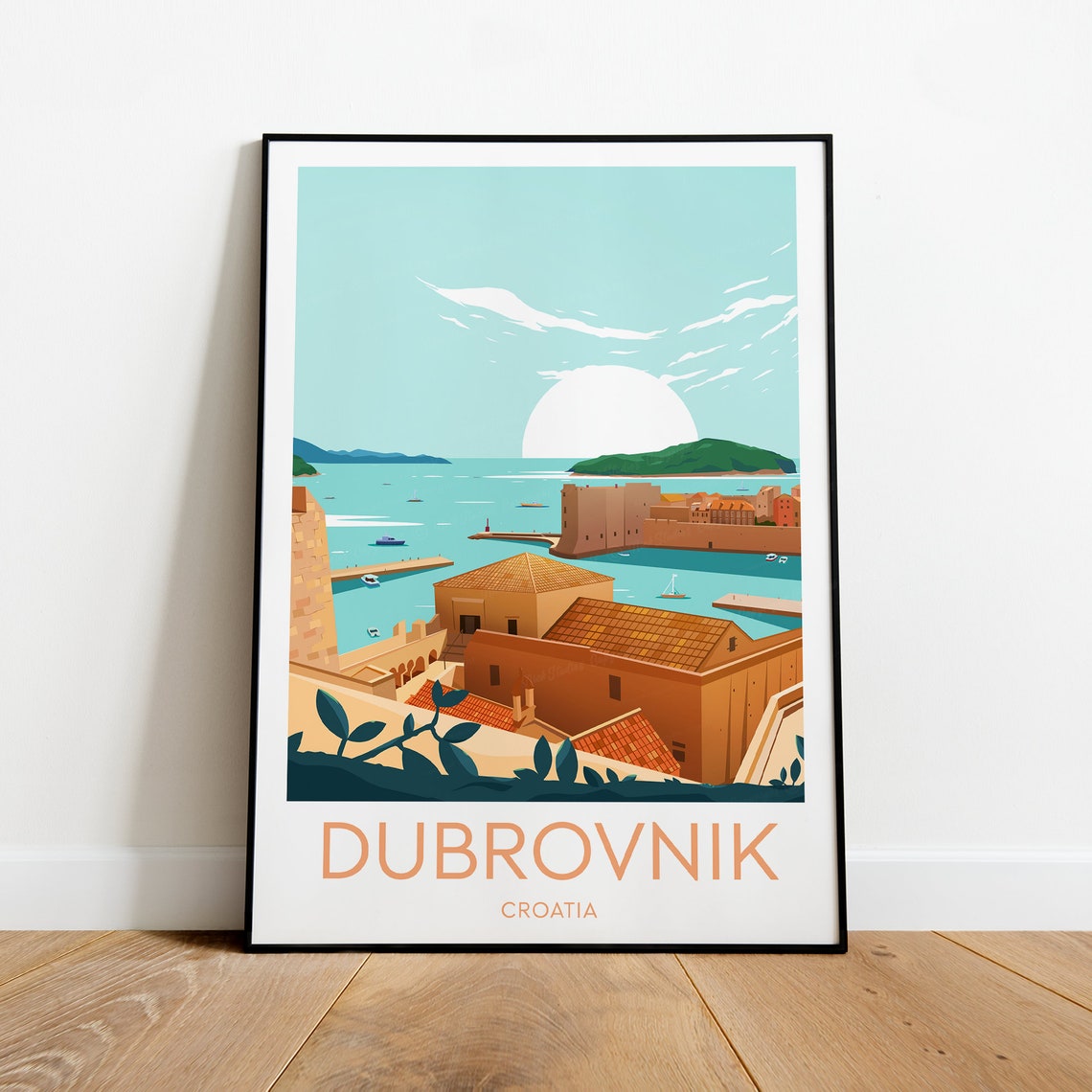 Dubrovnik Croatia Old Town Walls Harbor Sunset Travel Poster