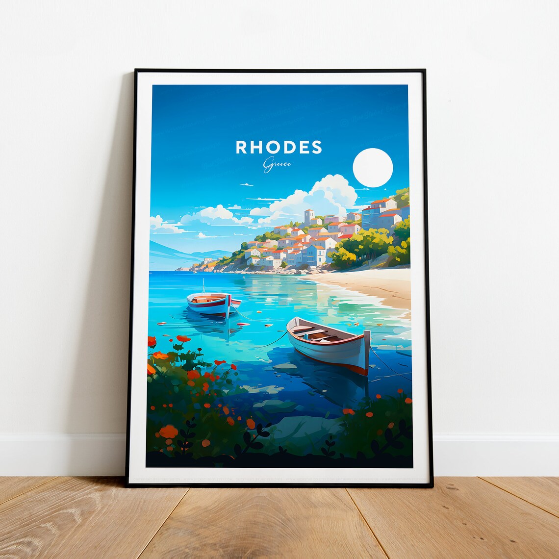 Rhodes Seaside Village Fishing Boats Turquoise Bay Greece Poster - Image 2