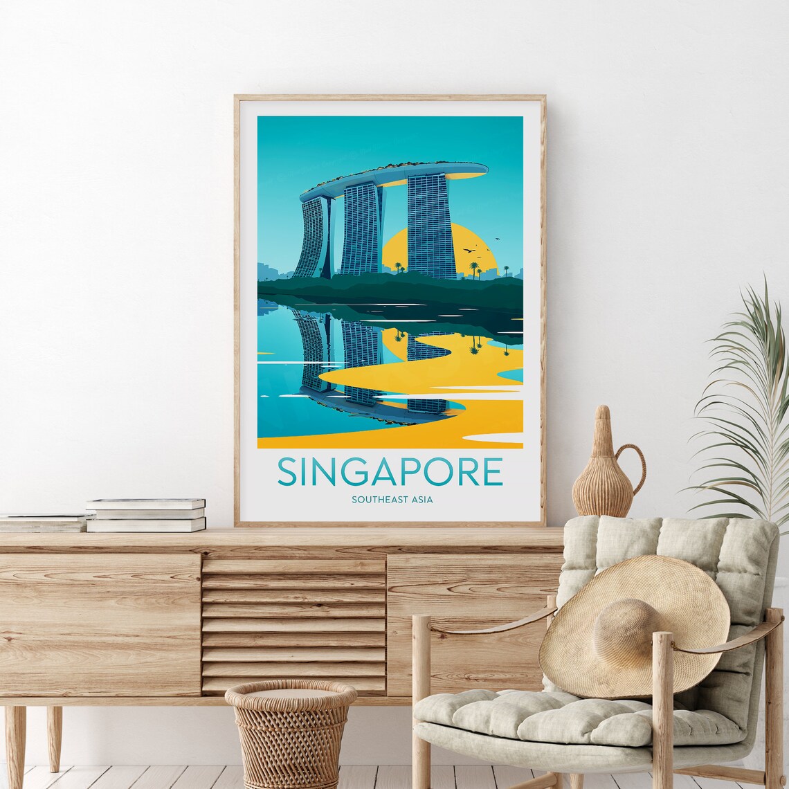 Singapore Marina Bay Sands Sunset Skyline Waterside Travel Poster