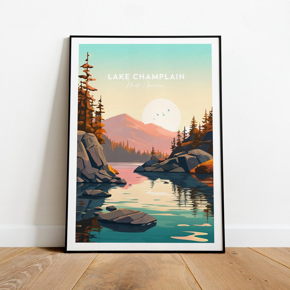 Lake Champlain North America Sunset Pines Waterside Travel Poster
