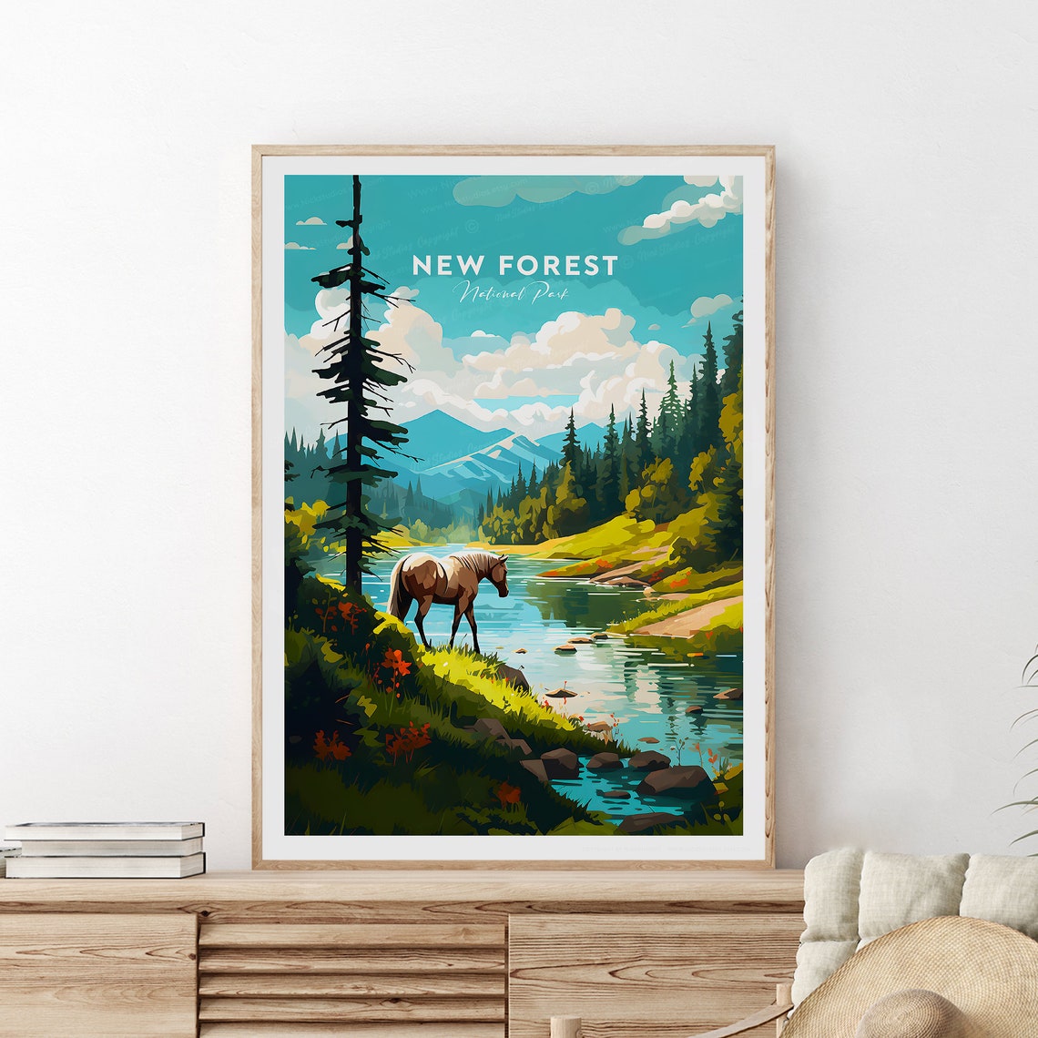 New Forest National Park Wild Horse River Pines Travel Poster
