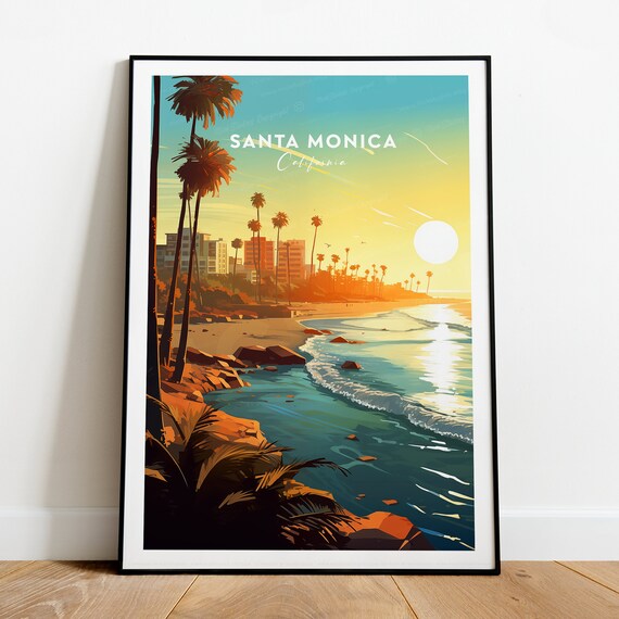Santa Monica California Beach Sunset Palm Trees Travel Poster