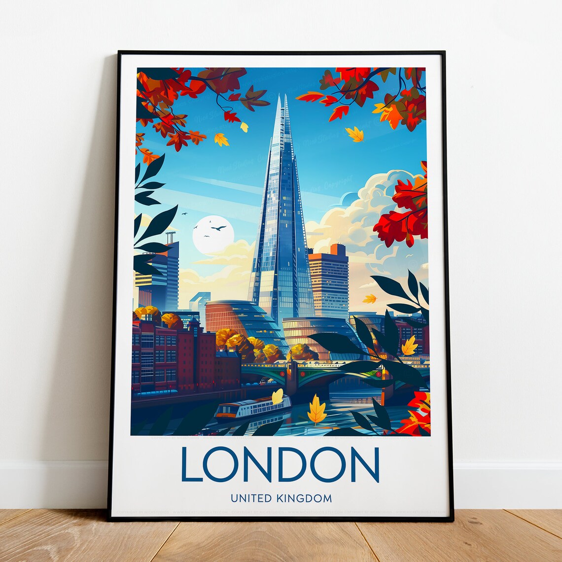 London United Kingdom Shard Skyline Autumn Leaves City Travel Poster - Image 2