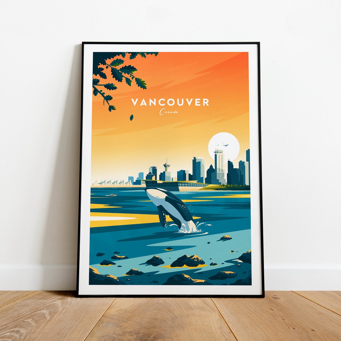 Vancouver Canada Sunset Skyline Leaping Orca Whale Travel Poster