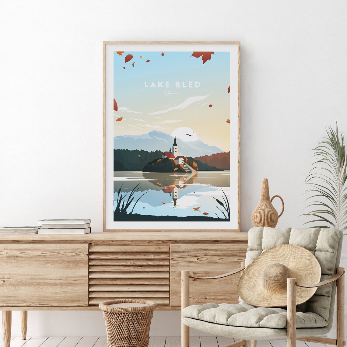 Lake Bled Island Church Autumn Leaves Reflection Travel Poster