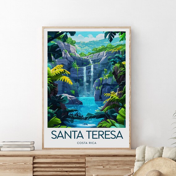 Santa Teresa Costa Rica Jungle Waterfall Retro Travel Poster