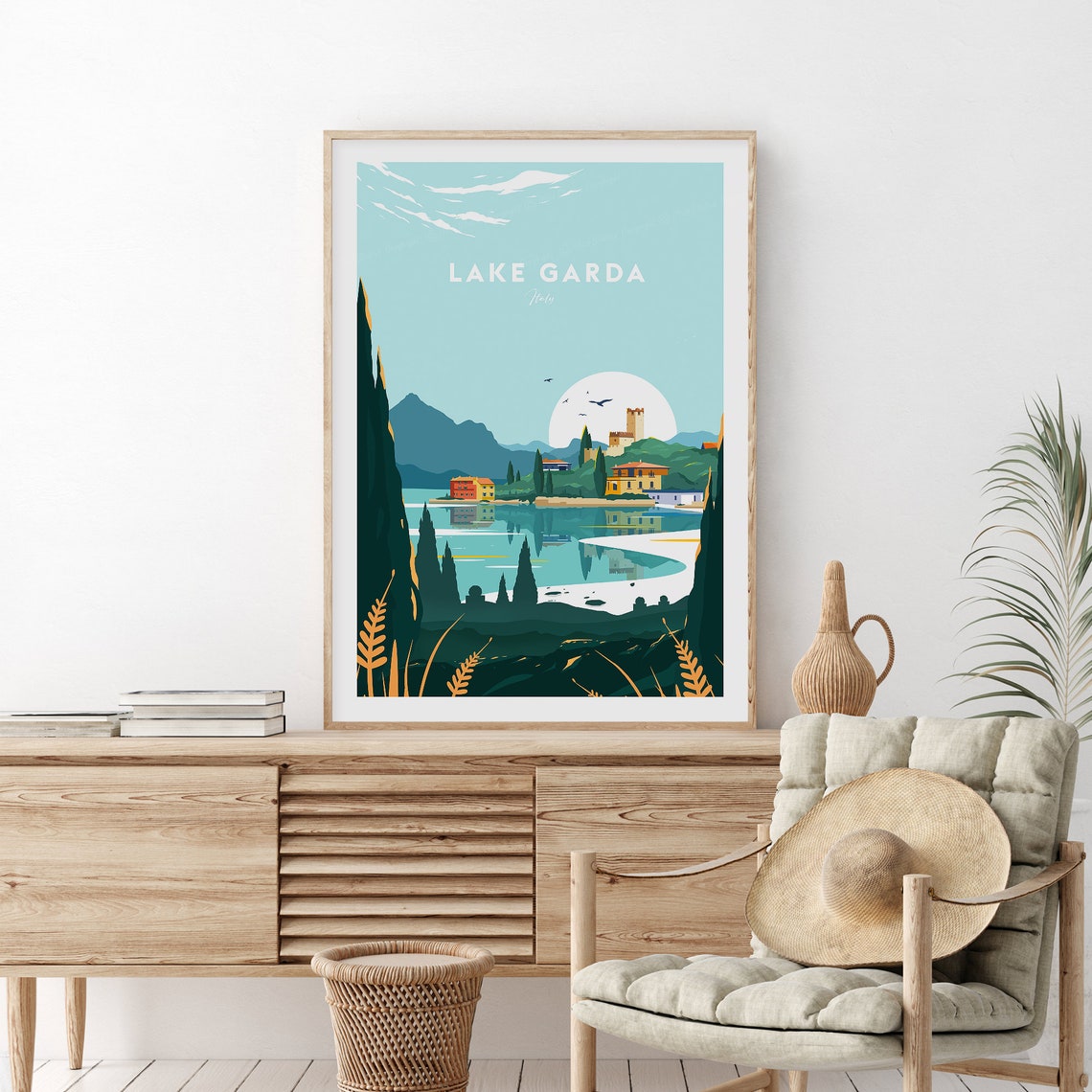 Lake Garda Italy Lakeside Villas Cypress Trees Evening Poster