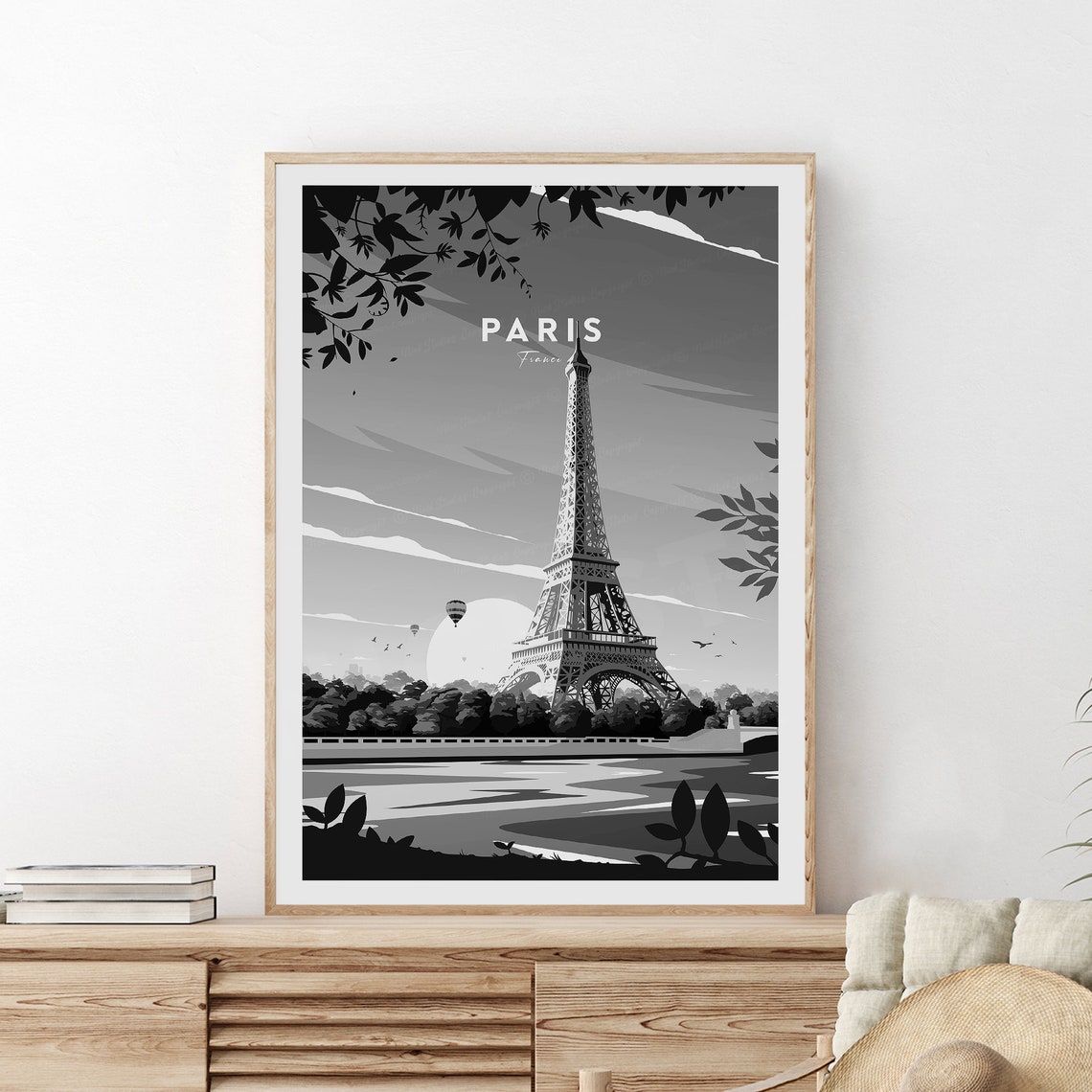 Paris France Eiffel Tower in Black and White Riverside Scene Poster - Image 2