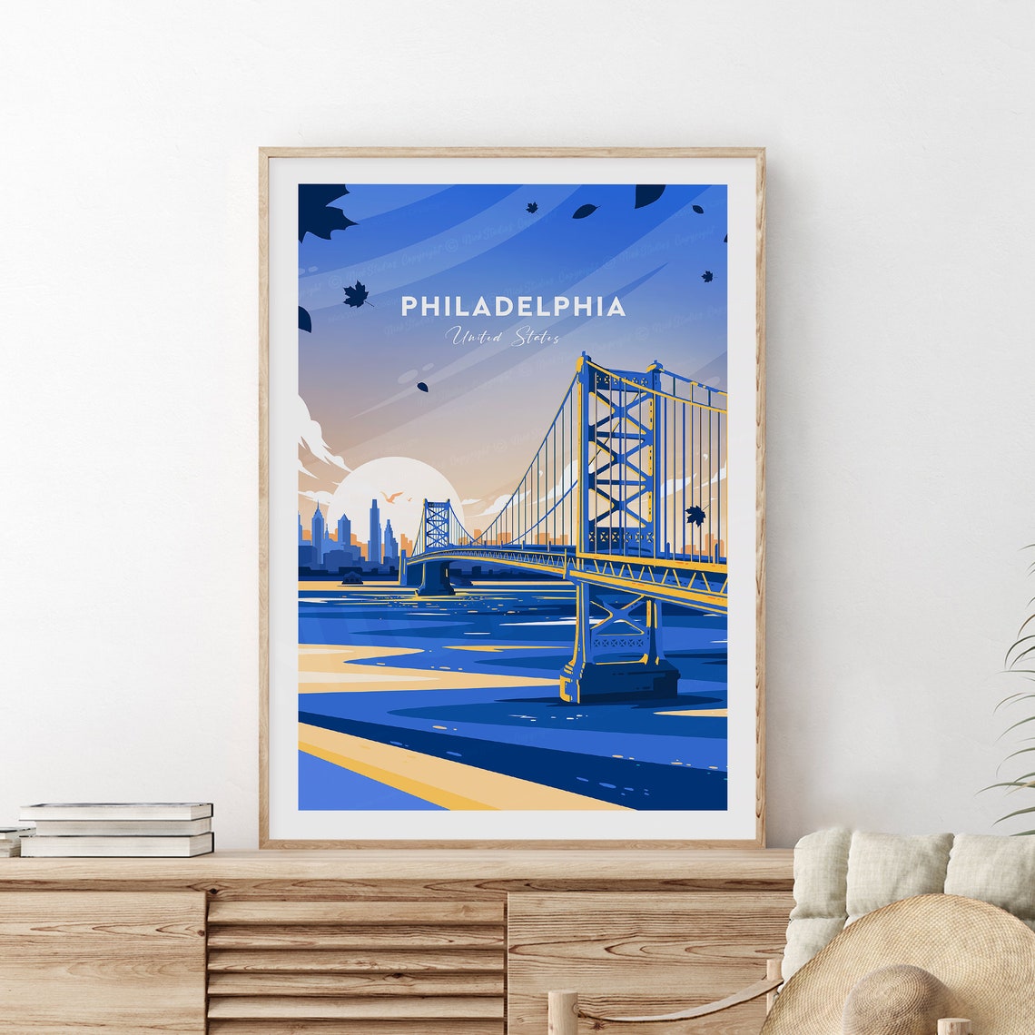 Philadelphia Benjamin Franklin Bridge Sunset River Travel Poster
