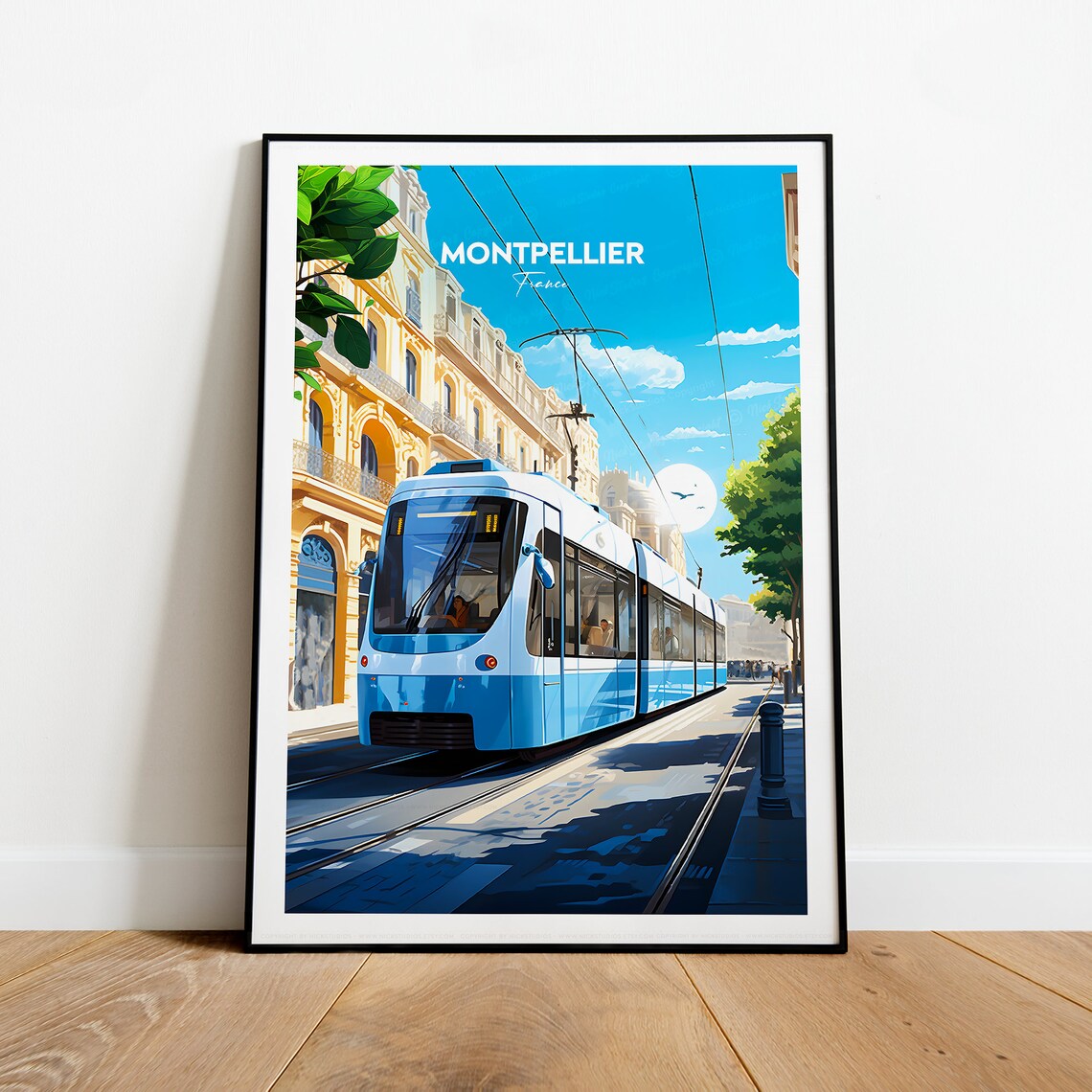 Montpellier France Blue Tram on a Sunny City Street Corner Poster - Image 2