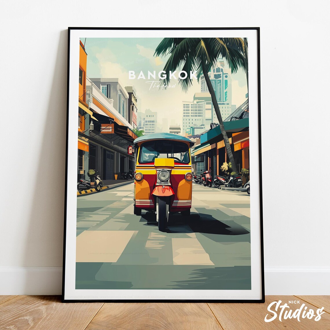 Bangkok Thailand Vintage Tuk Tuk Street Scene Travel Art Poster