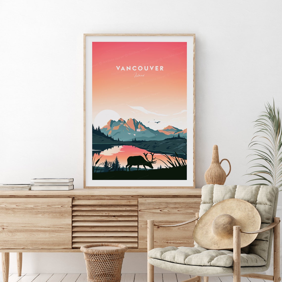 Vancouver Island Sunset Elk at a Glowing Mountain Lake Poster