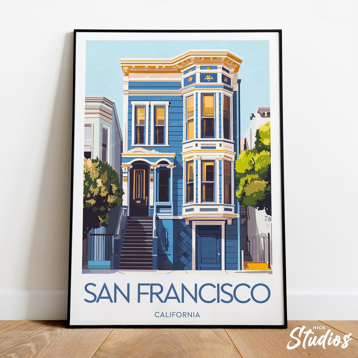 San Francisco California Blue Victorian House Vintage Travel Poster