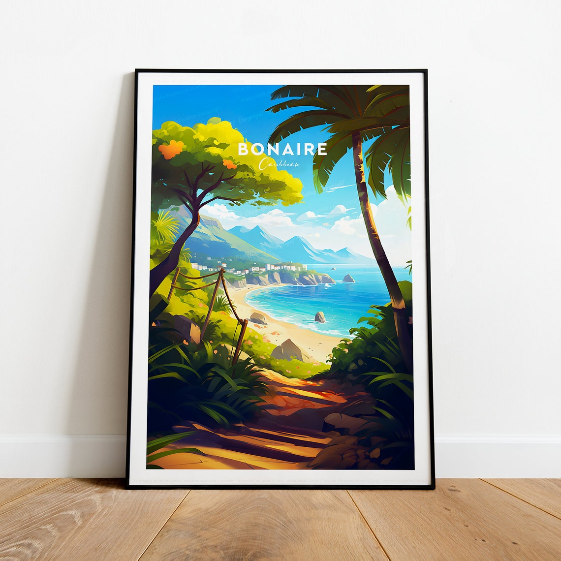 Bonaire Caribbean Tropical Beach and Palm Tree Travel Poster - Image 2