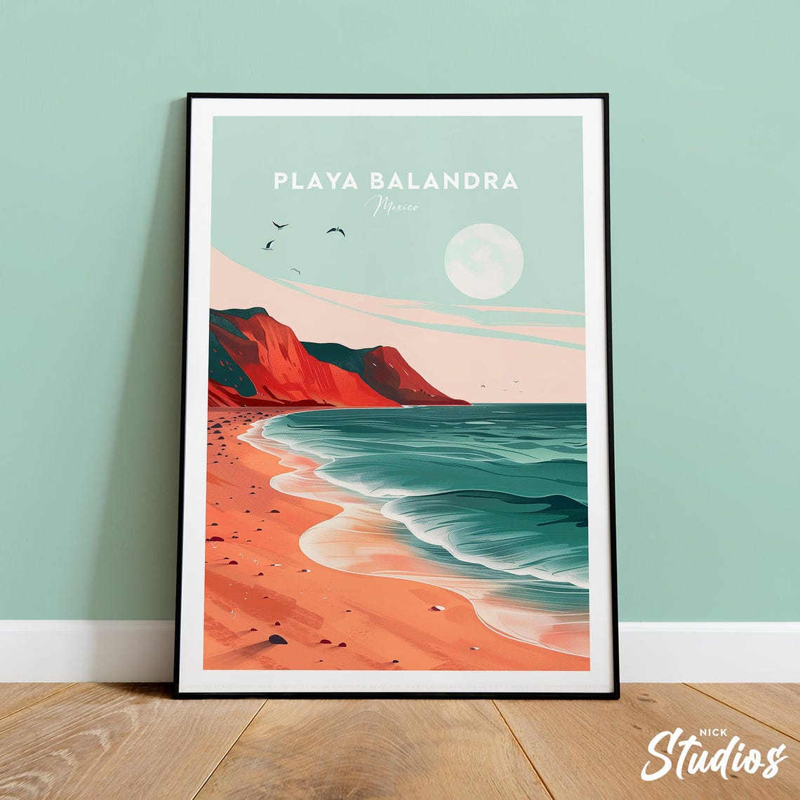Playa Balandra Mexico Red Cliff Beach Retro Coastal Travel Poster
