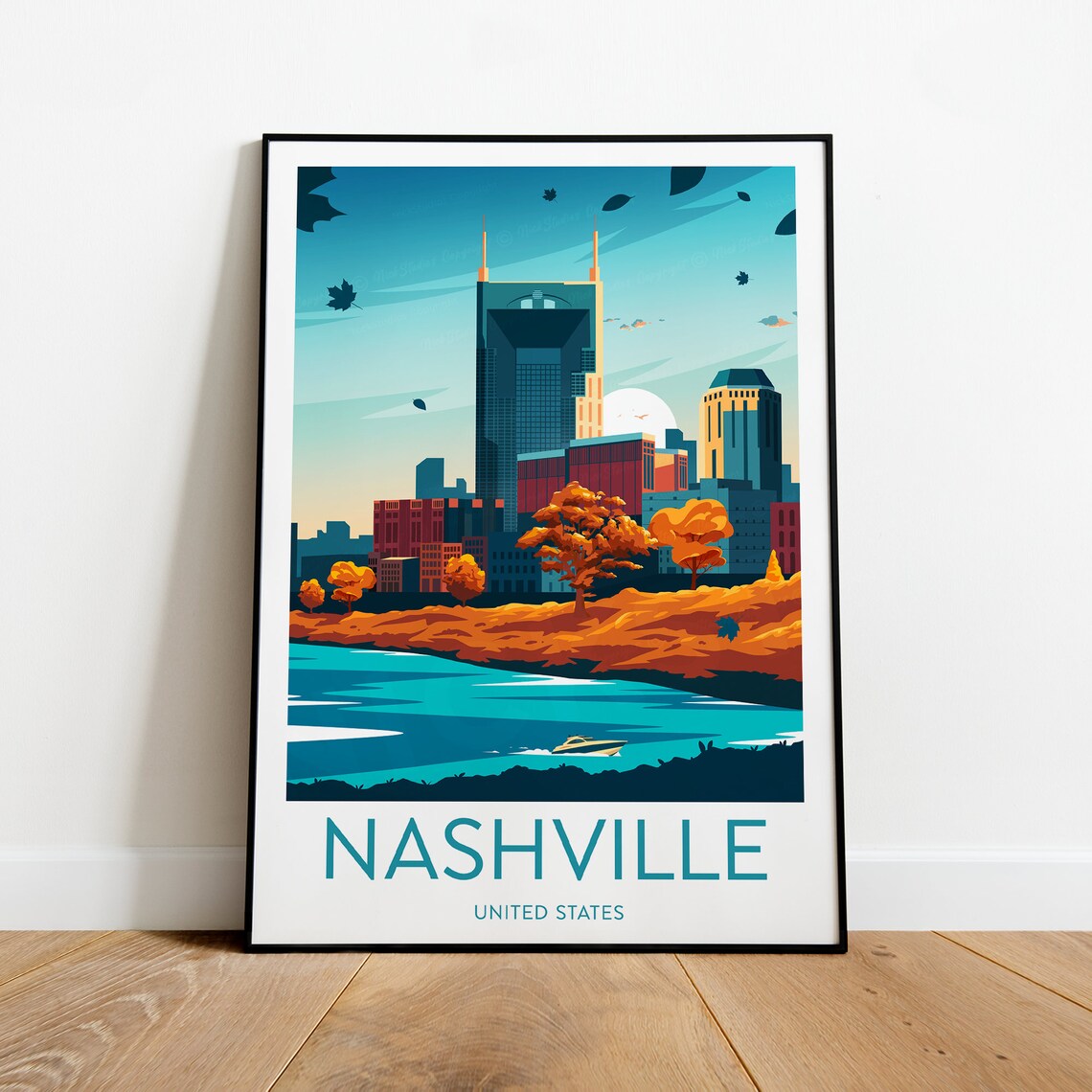 Nashville Tennessee Skyline Autumn River Cityscape Travel Poster