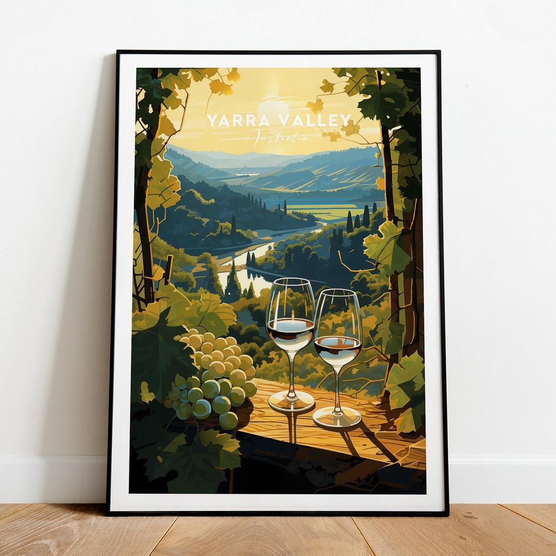 Yarra Valley White Wine Glasses Over Golden Vineyard Hills Poster - Image 2