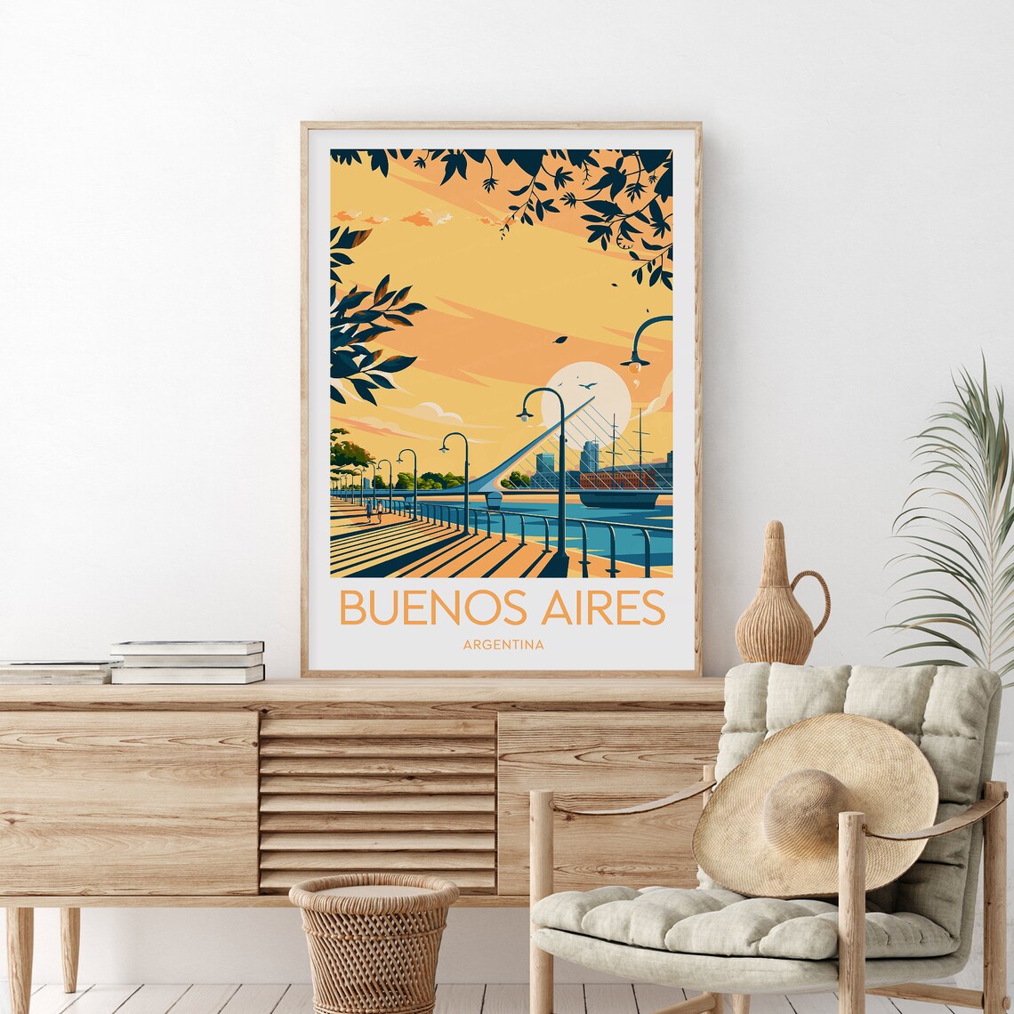 Buenos Aires Argentina Waterfront Sunset Bridge Skyline Travel Poster