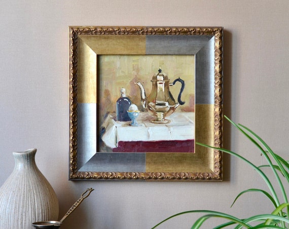 Original Framed Still Life Oil Painting In Vintage Style Impressionistic Kitchen Still Life With Antique Coffee Pot And English Breakfast