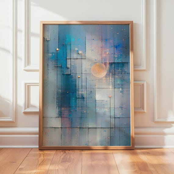 Abstract Cityscape Wall Art Blue And Gold Geometric Skyline With Cosmic Glow Modern Minimalist Print For Living Room Bedroom Office Decor