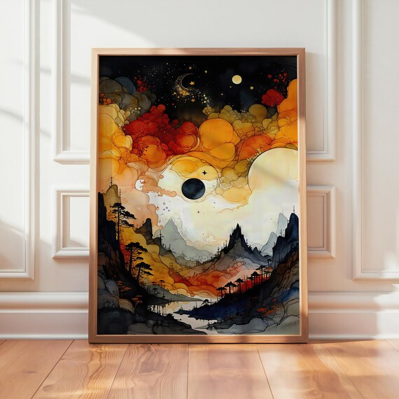 Celestial Watercolor Mountain Valley Moon Night Sky Ink Art Wall Art