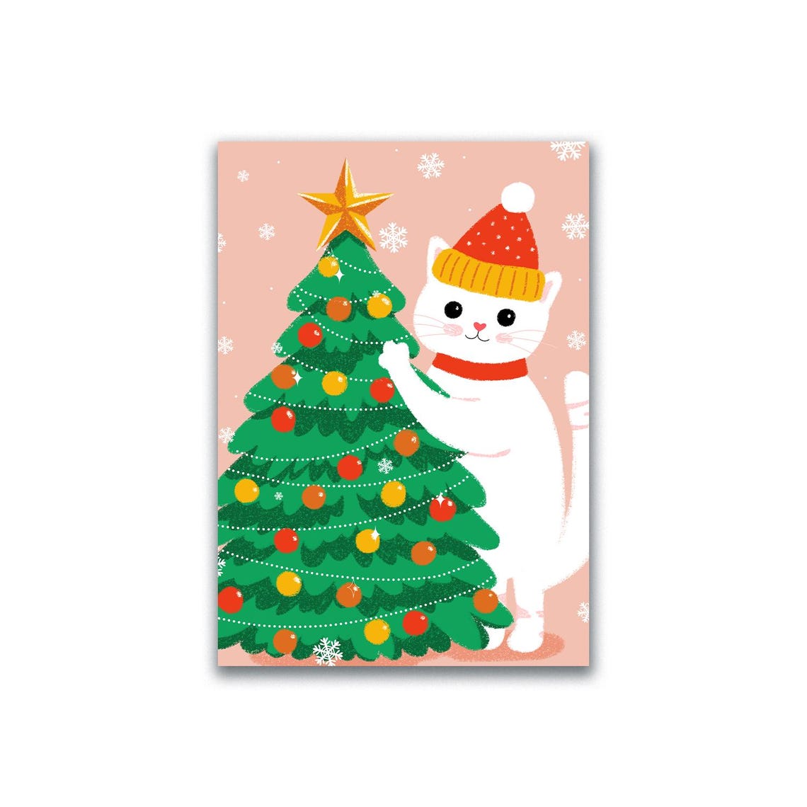 Cute White Cat in Santa Hat Decorating Christmas Tree Poster - Image 3