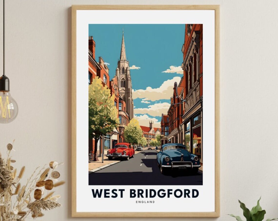 West Bridgford England Church Spire Vintage Street Travel Poster