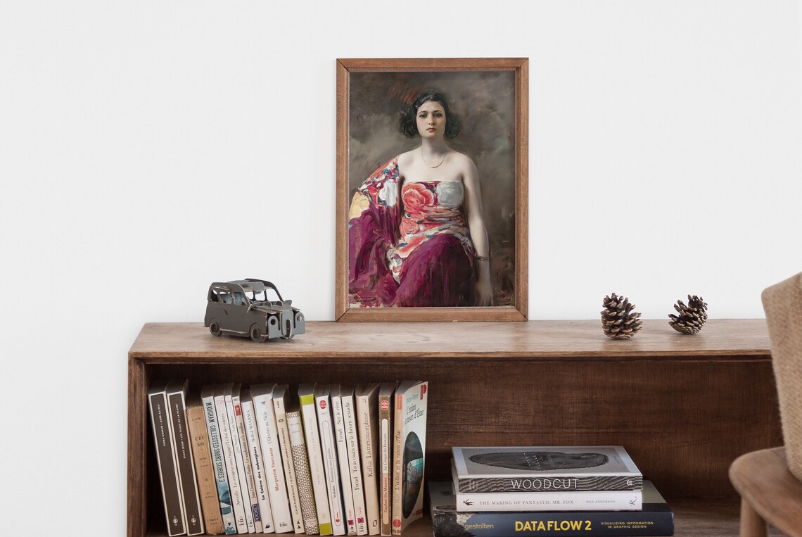 Vivid Eclectic Portrait of a Woman in a Floral Shawl Oil Art Poster - Image 2